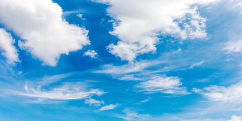 Panorama photo of cloudscape on the blue sky for background.