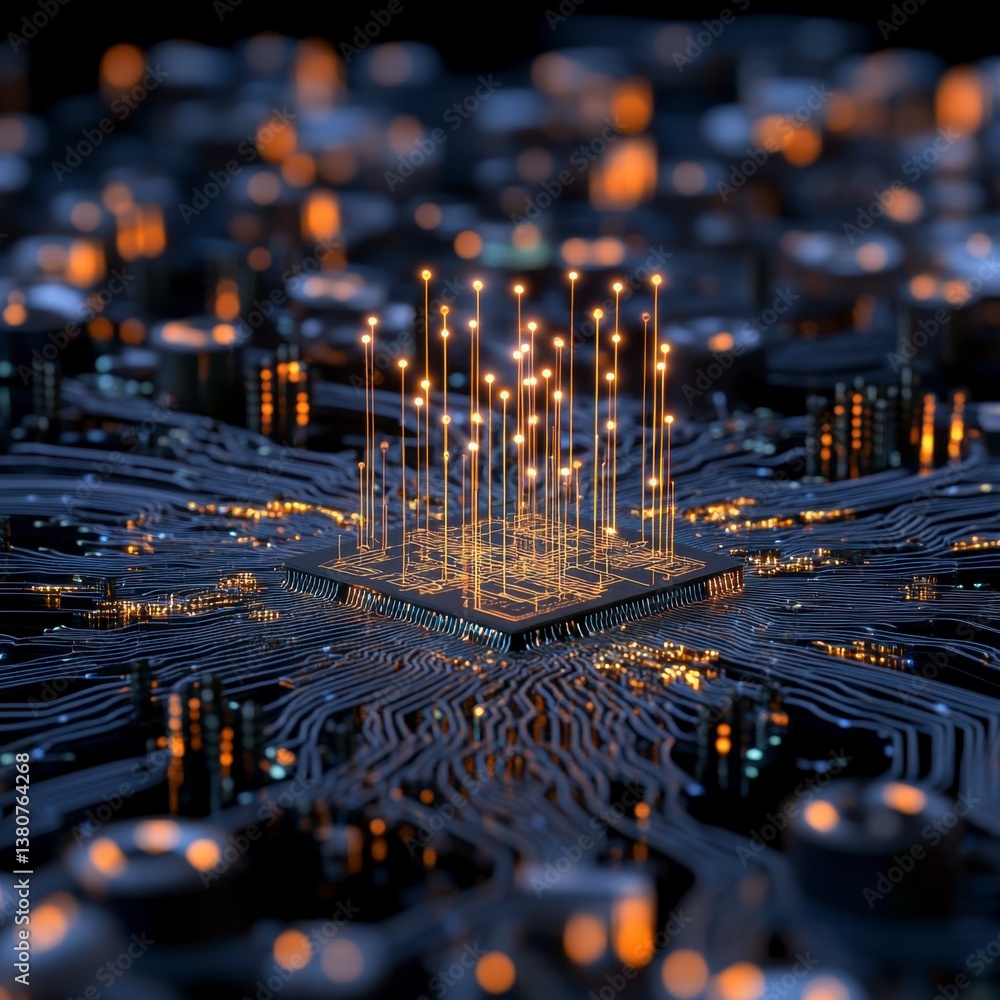 Poster abstract digital illustration of a glowing central processing unit with illuminated pathways, circui
