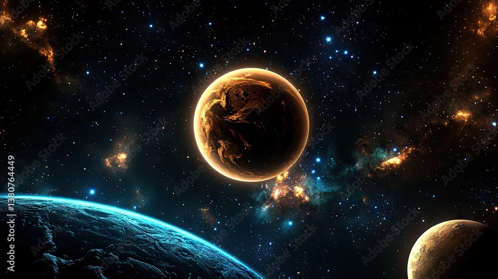 Poster a sci-fi-inspired celestial background with deep black space and faint glowing star clusters.