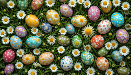 Collection of pastel-colored Easter eggs with daisy patterns arranged on green grass with white daisies creating natural background