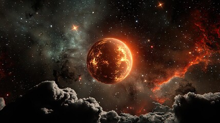 A sci-fi-inspired celestial background with deep black space and faint glowing star clusters.