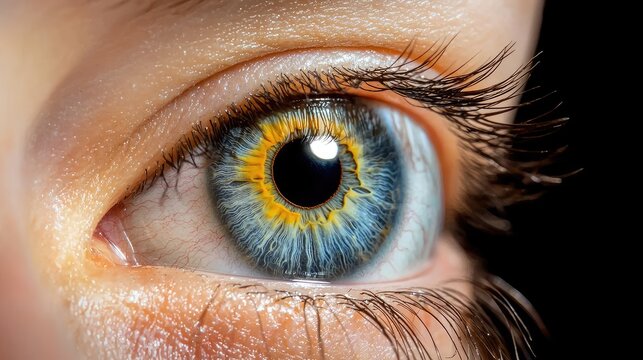 A scientifically detailed close-up of a blue eye, emphasizing the iris structure and black pupil.