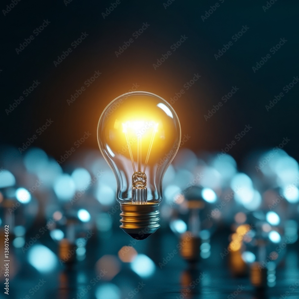 Poster glowing lightbulb illuminated against a blurred backdrop of many unlit bulbs.