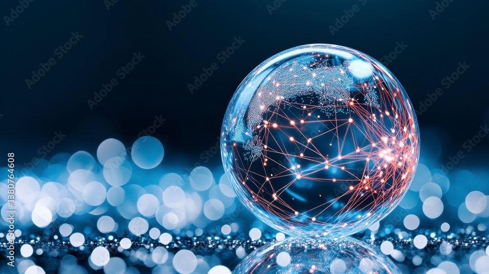 Poster abstract glowing glass globe with intricate network of connections on dark blue background with boke