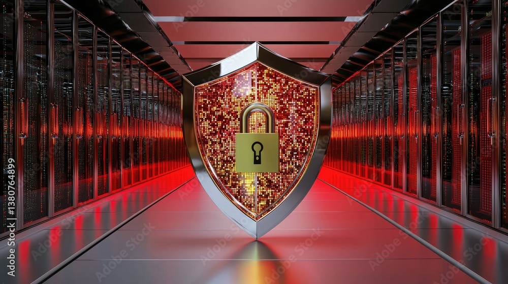 Poster a shield-shaped digital lock with pixelated effects, symbolizing data protection.