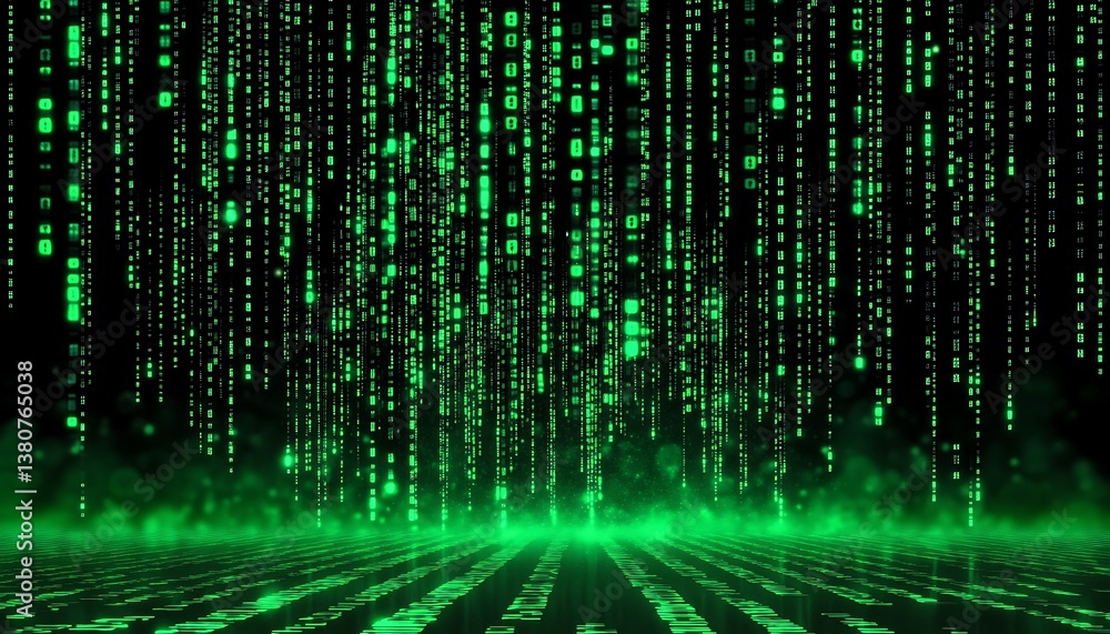 Poster digital background with falling green code, resembling the matrix movie, symbolizing data, programmi