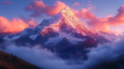 Majestic mountain peak glows at sunrise amid clouds, stunning view