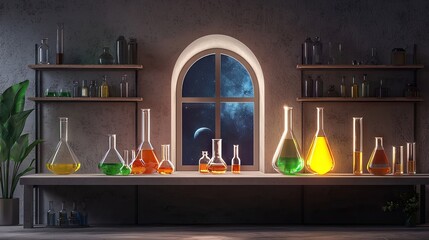 A sleek chemistry-themed illustration with neon-lit molecular formulas.