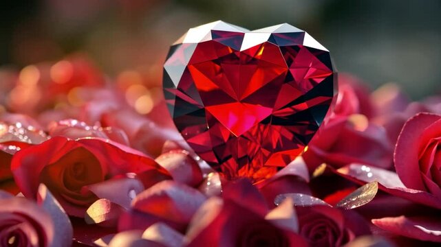 Stunning heart shaped gemstone atop vibrant red roses creates romantic atmosphere, reflecting beauty and love in natures floral decoration.