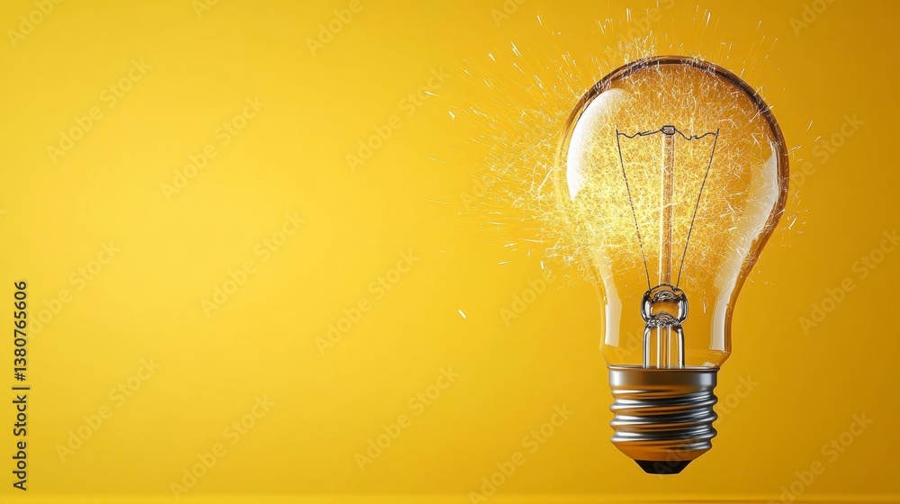 Aufkleber lightbulb with exploding golden particles against a yellow background.