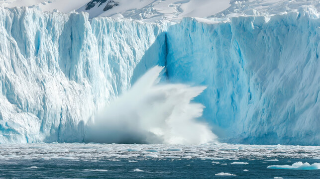 A glacier calving into the ocean in Antarctica 