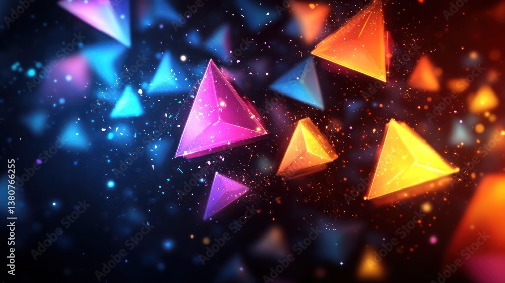 Poster abstract colorful glowing pyramids floating in dark space.