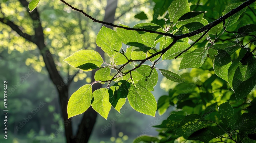 Aufkleber a soft-focus green bokeh background created by sunlight filtering through dense forest leaves.