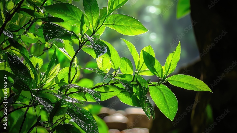 Aufkleber a soft-focus green bokeh background created by sunlight filtering through dense forest leaves.