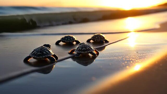 Four baby turtles making their way across a sandy beach toward the ocean during sunset