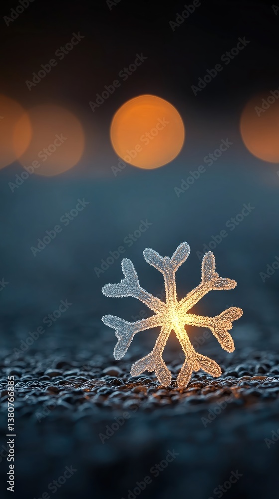 Aufkleber close-up of a magical frosted snowflake glowing softly against a dark background with beautiful boke