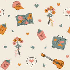 Seamless travel pattern with books guitar suitcase flowers cap map hearts, vector background simple flat, retro muted pink mint orange colors, romantic adventure vacation holiday journey explorer trip