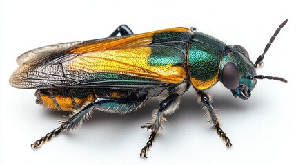Fototapeta premium Colorful Insect with Iridescent Wings Crawling on a White Surface