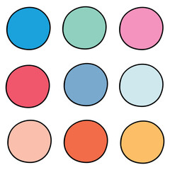 Hand drawn cartoon set of colored circles on white background.