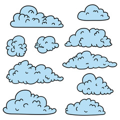 Hand drawn cartoon set of blue clouds on white background.