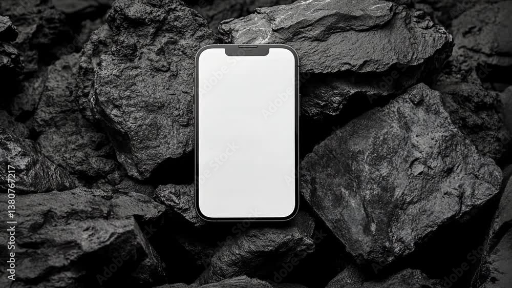Poster smartphone mockup displaying empty white screen in rocky setting generative ai