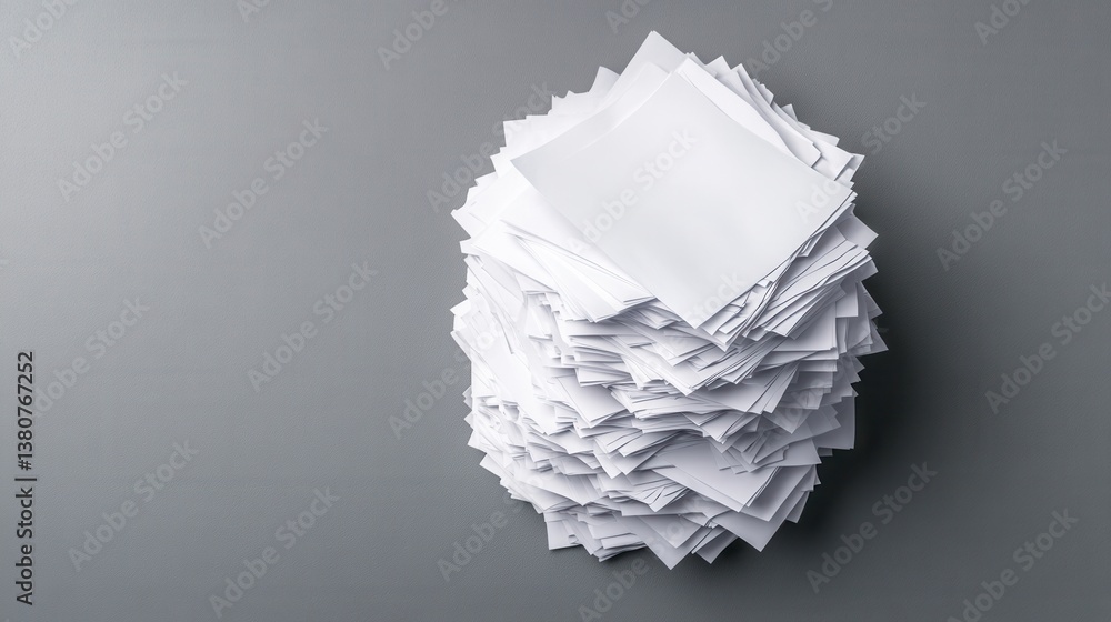 Poster high angle view of a large stack of white papers on a gray surface.