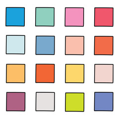 Hand drawn cartoon set of colored squares on white background.