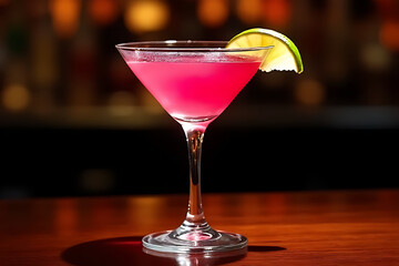 beautifully presented Cosmopolitan cocktail in an elegant glass, with vibrant pink hues and a garnish of lime, placed on a polished wooden bar counter