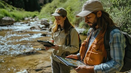 Environmental Researchers Collecting Data by a Mountain Stream in the Forest