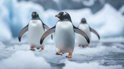 Obraz premium A group of penguins waddling on an iceberg