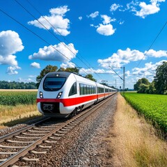 High speed train traveling through a sunny rural landscape. Red and white train on tracks next to green fields under a blue sky.