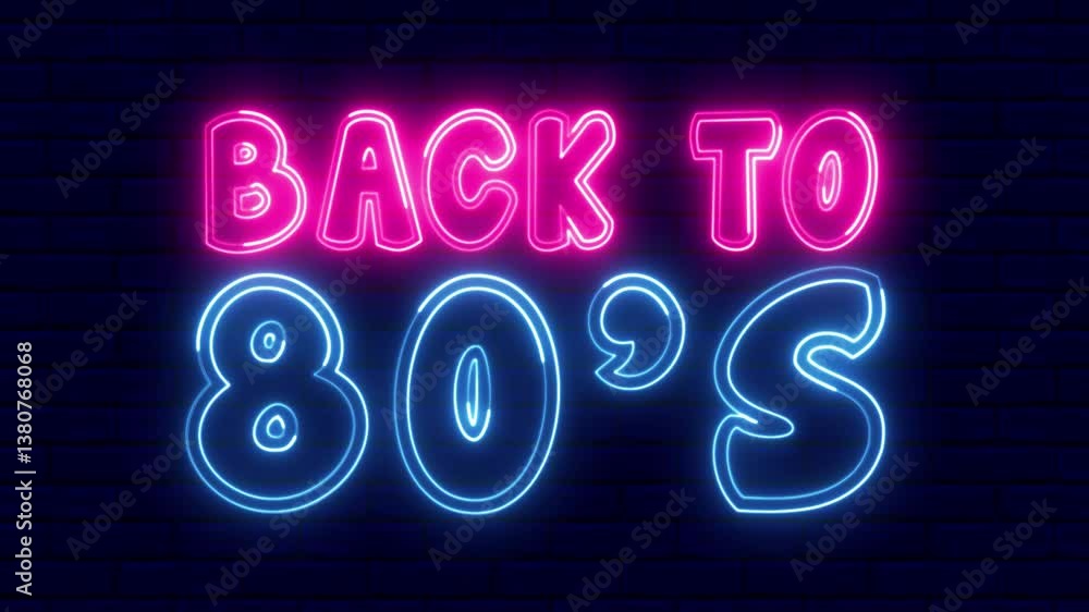 Poster back to 80's text font with neon light. luminous and shimmering haze inside the letters of the text 