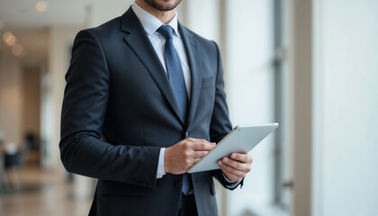 Fototapeta premium Businessman in dark suit with white shirt and blue tie holding tablet device, showing partial view focusing on torso and hands in office setting with blurred background