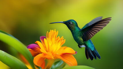 Fototapeta premium A hummingbird hovering over a brightly colored flower