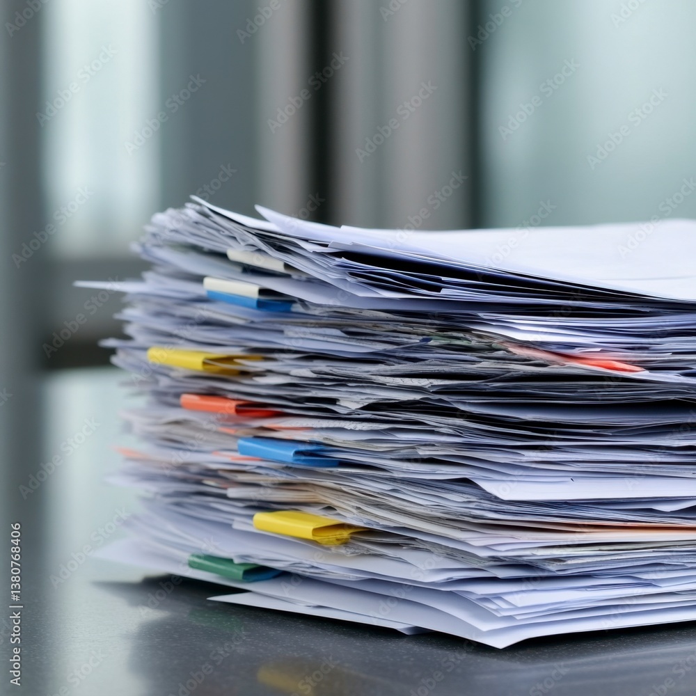 Poster high stack of papers with colorful paper clips on a reflective surface