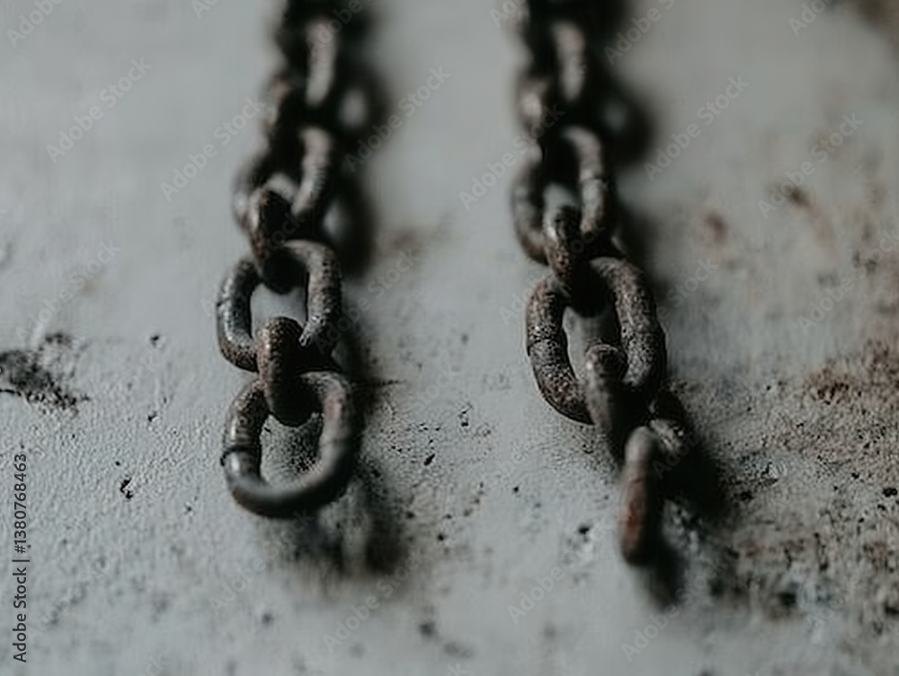 Poster close-up view of rusty metal chain links on textured surface