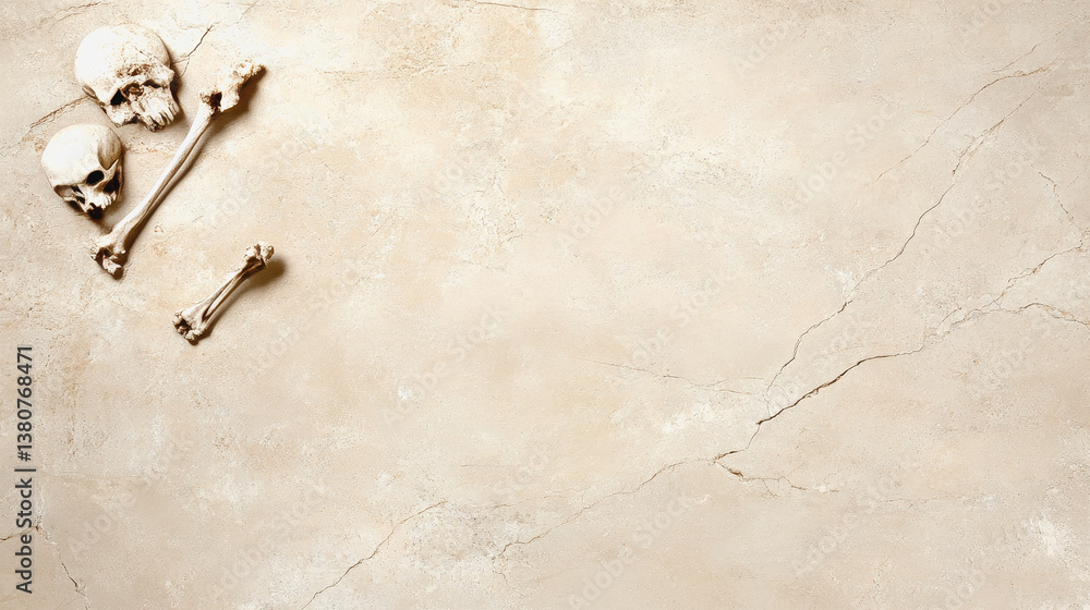 Poster intricate fossilized skull embedded in wall surrounded by natural minerals capturing the essence of 