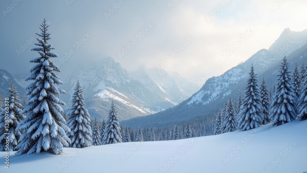 Poster snowy mountain range with pine trees in the foreground. the sky is cloudy and the sun is barely visi