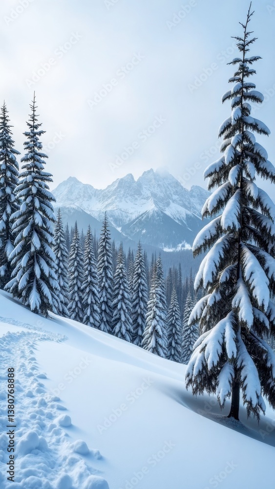 Poster snowy mountain range with a path leading to a tree covered in snow. the scene is peaceful and serene