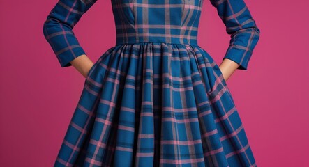 Obraz premium Plaid pattern in cobalt blue gray dress in plain fuchsia background