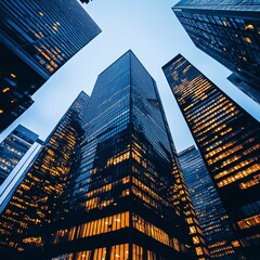 Naklejka premium Low angle view of illuminated skyscrapers at dusk, showcasing the city's modern architecture and vibrant energy.
