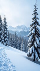 Fototapeta premium Snowy mountain range with a path leading to a tree covered in snow. The scene is peaceful and serene, with the snow-covered trees