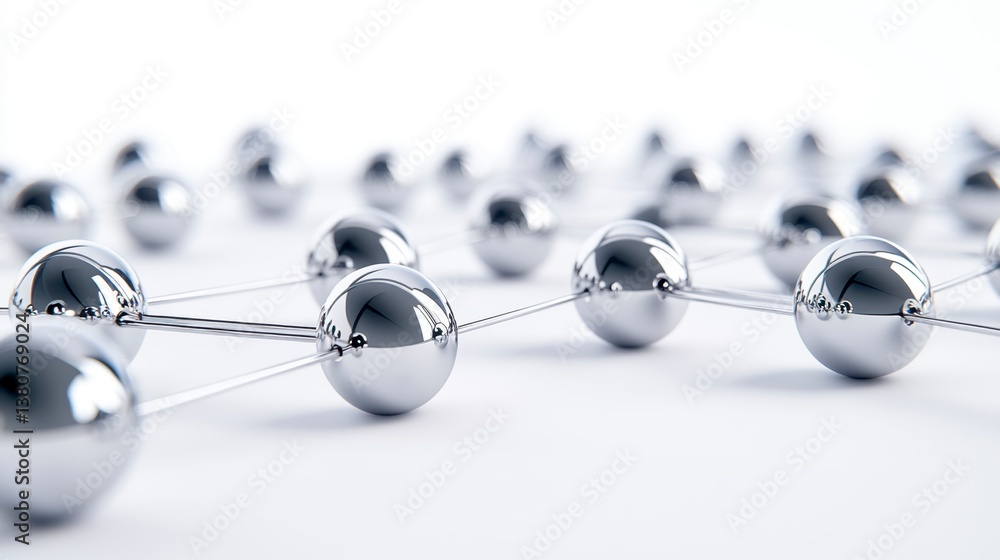 Poster abstract image of interconnected metallic spheres on a white background. shiny chrome spheres linked