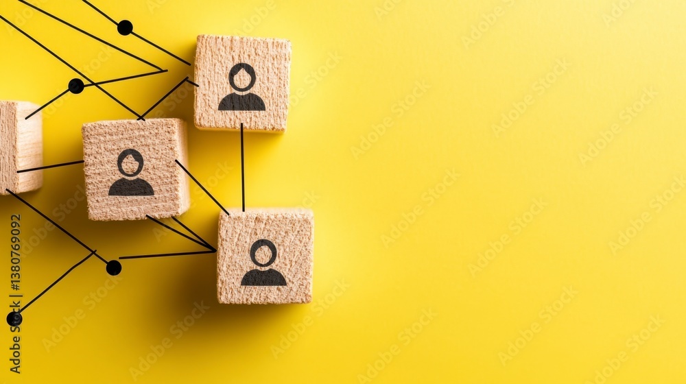 Poster wooden blocks with person icons interconnected on a yellow background, illustrating networking or te