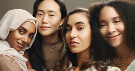 Obraz premium Beauty, happy and portrait of women in studio for skincare, cosmetics and diversity. Friends, brown background or face of people with natural skin for inclusion, support and glow for facial treatment
