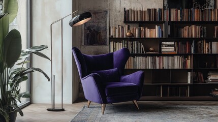 Luxurious velvet armchair in a reading nook with a tall floor lamp