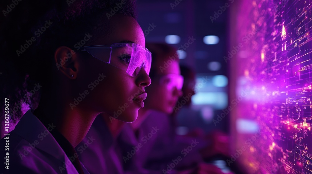 Poster scientists examining data on a large screen.