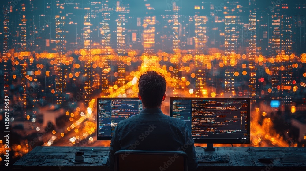Aufkleber cityscape at night with man coding at computer desk