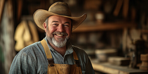 Smiling carpenter standing at workbench in a workshop