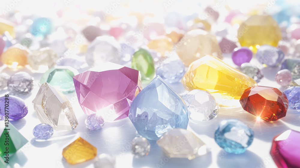 Poster a vibrant collection of many different colored precious gems displayed in artistic arrangement for l
